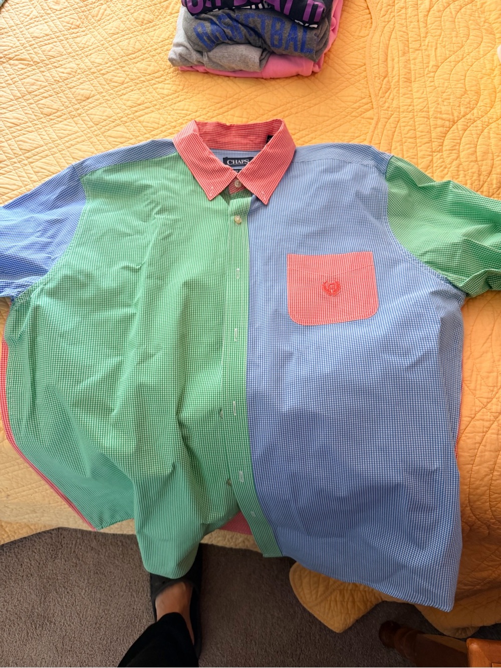 Chaps Colorblock Blue Green Button-Up Shirt with Pink Accents